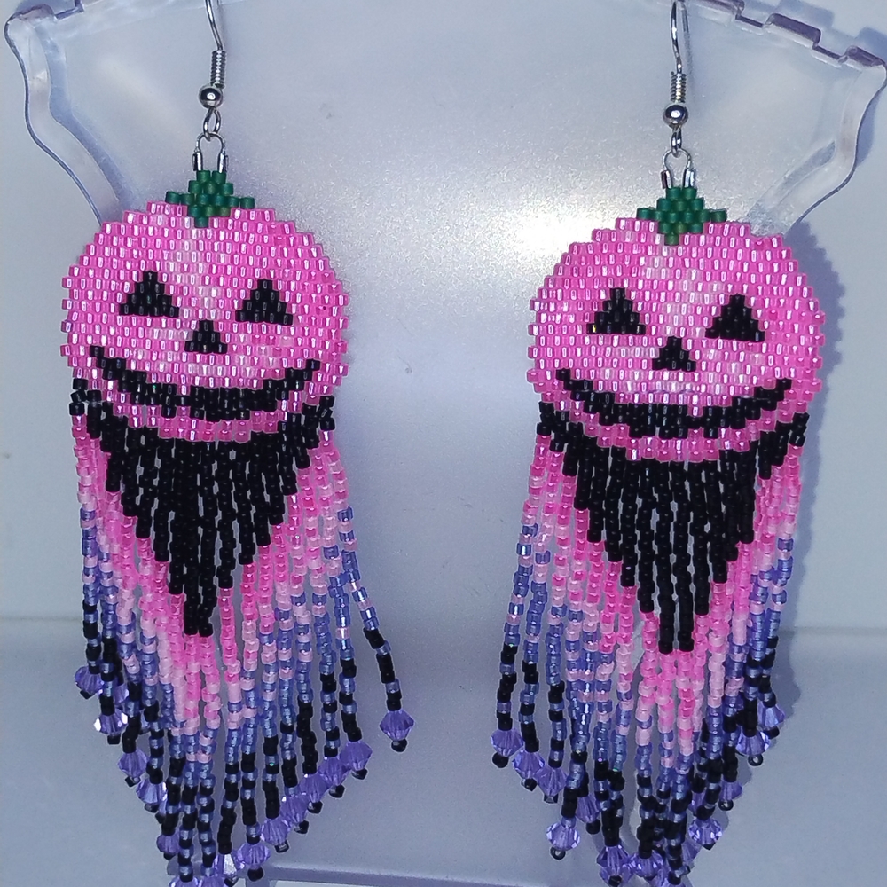 Festive Pink and Black Beaded Pumpkin Earrings